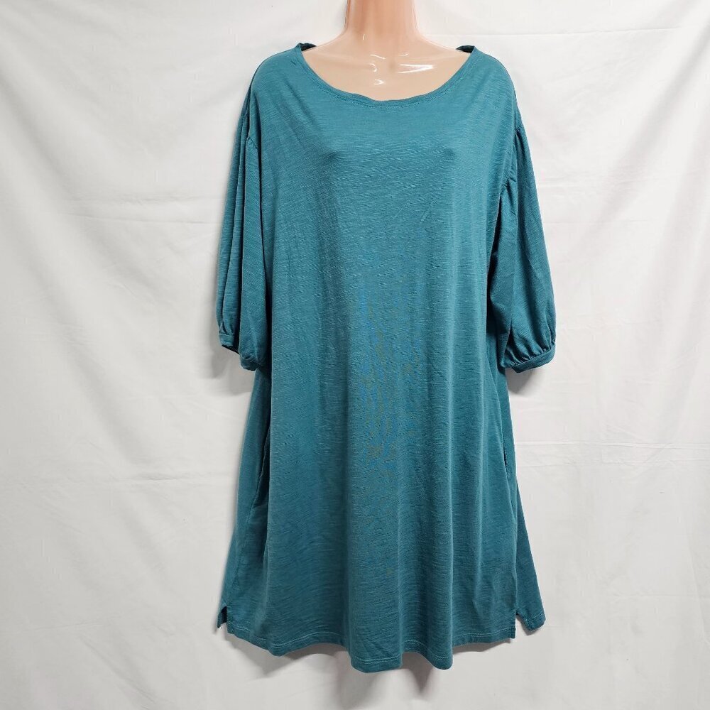Peruvian Connection Women Short Tunic Dress Size L Teal Scoop Neck Puff Sleeve